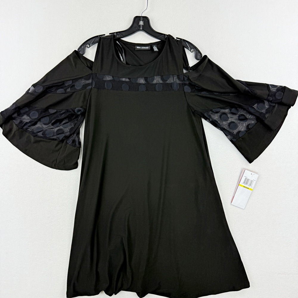 NINA LEONARD‎ Cold Shoulder Shift Polka Dot Dress Size M Womens Black NEW L8644A
